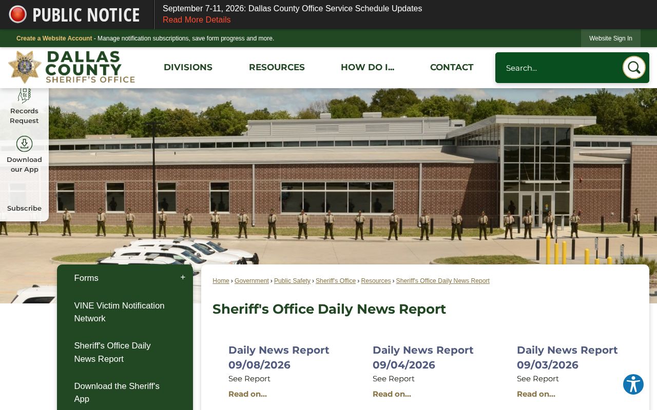 Dallas County Sheriff Daily News Report index with dated entries