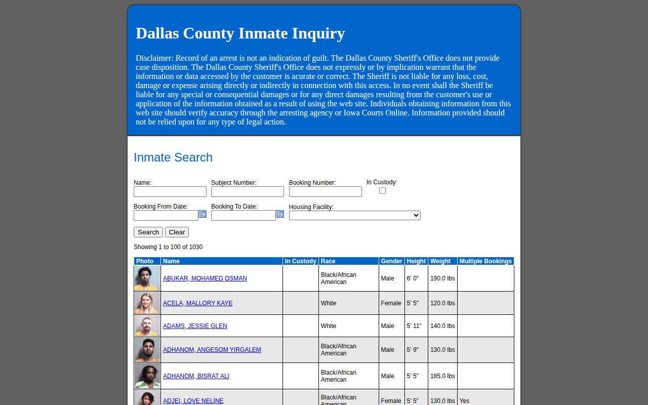 Dallas County Inmate Inquiry search fields and booking result columns