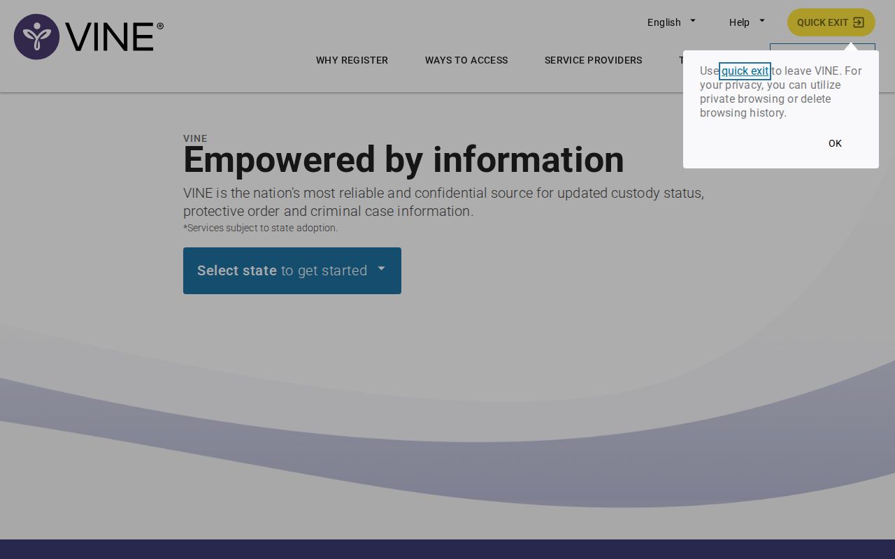 VINELink home and custody notification registration entry