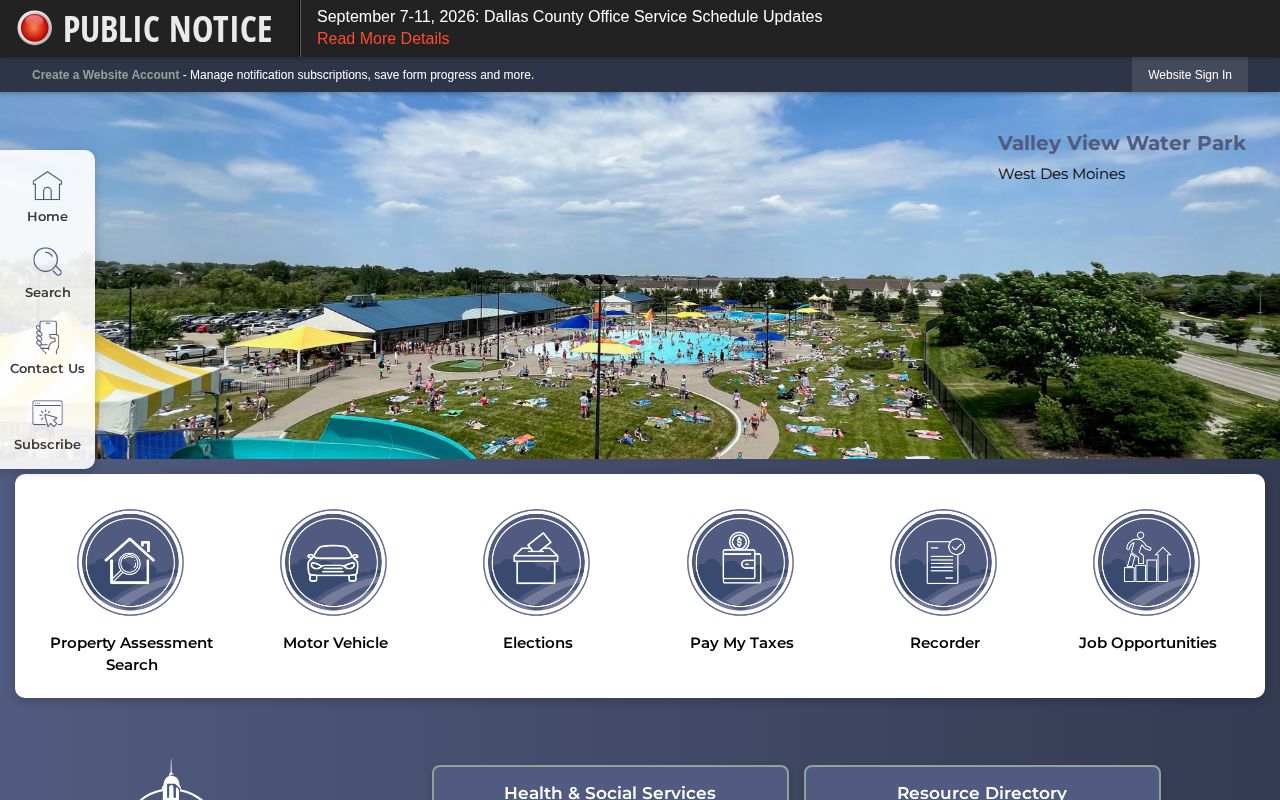 Dallas County official home page with public alert links